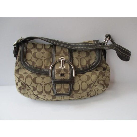 Coach Logo Leather Trim Flap Shoulder Tan Canvas Hobo Bag - Picture 2 of 9